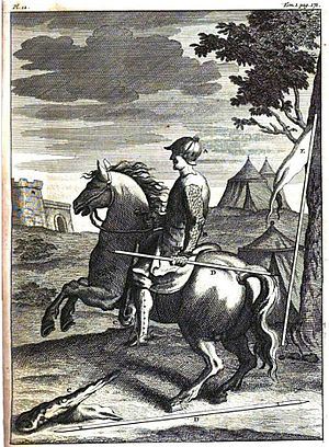 French estradiot and his arms. Notice the short double-pointed spear (“arzegaye”). Engraving, 1724 (G. Daniel).