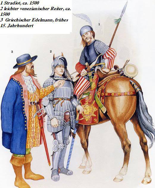 1.Greek stratioti of 1500, 2. Venetian knight, 3. Greek noble