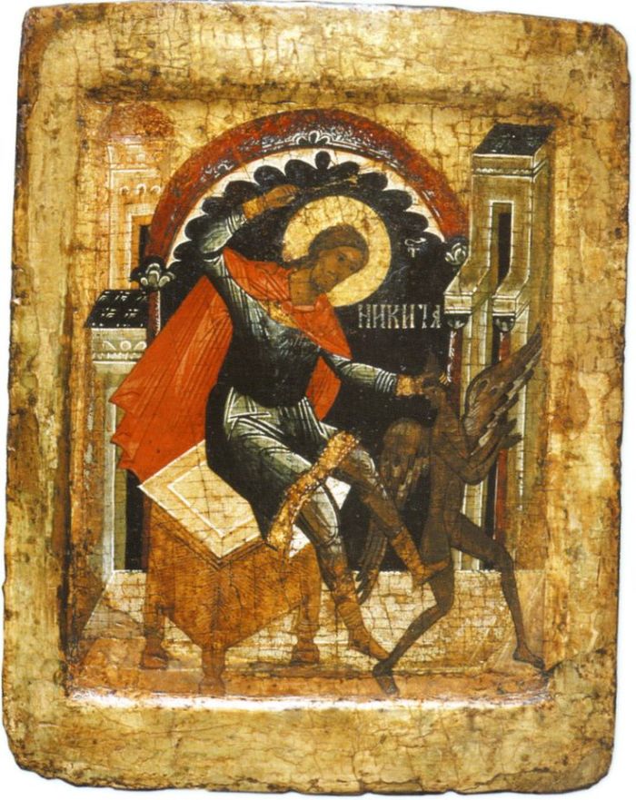 Ο Άγιος Νικήτας ετοιμάζεται να χτυπήσει το Σατανά με ένα ραβδί. 