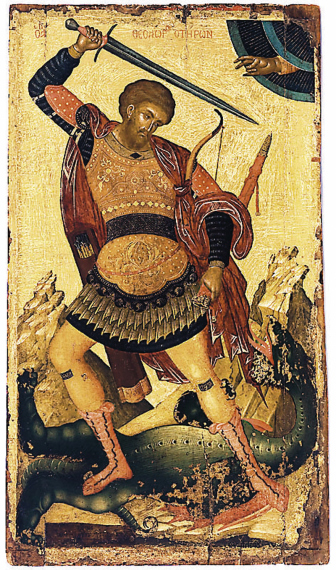 Ο Άγιος Θεόδωρος ο οποίος ετοιμάζετε να φονέψει τον δράκο. Ο δράκος στο δυτικό συμβολισμό εκπροσωπεί το κακό. 