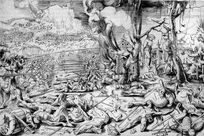 Η Μάχη του Μαριγκνάνο του  Urs Graf,με τίτλο η φρίκη του πολέμου.  Αριστερά εικονίζονται οι έφιπποι Ρωμιοί  Stratioti σε παράταξη μάχης.